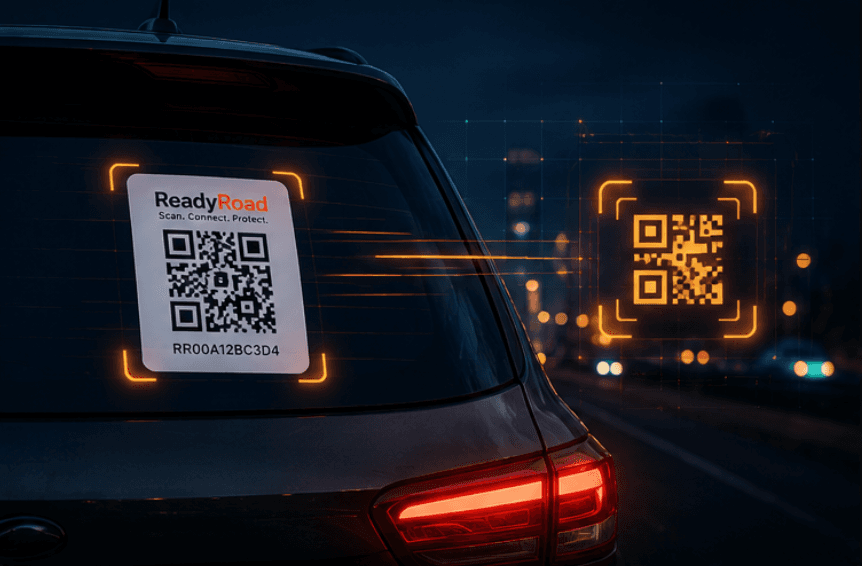 ReadyRoad QR sticker on a vehicle rear window after an incident