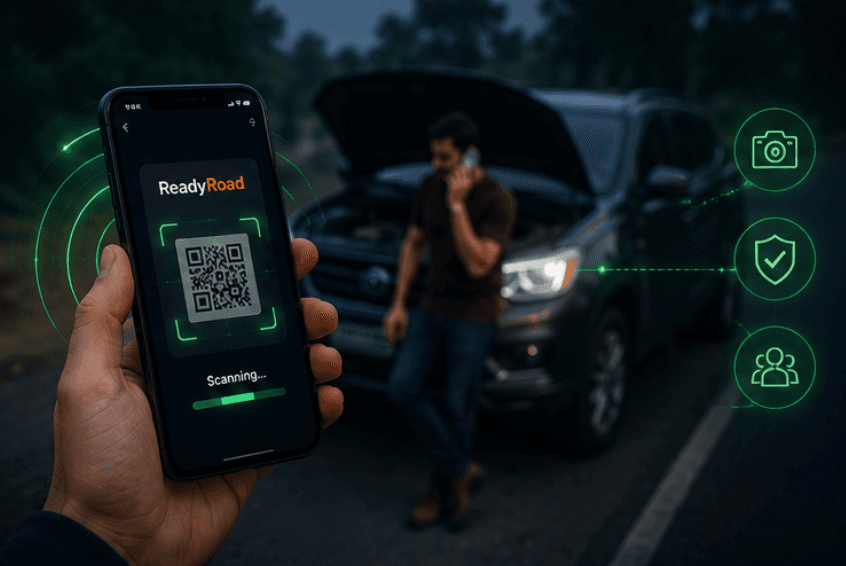 Smartphone scanning a ReadyRoad QR code with emergency contact options