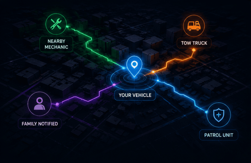 Map showing nearby mechanics, tow trucks, and patrol units routed to the vehicle